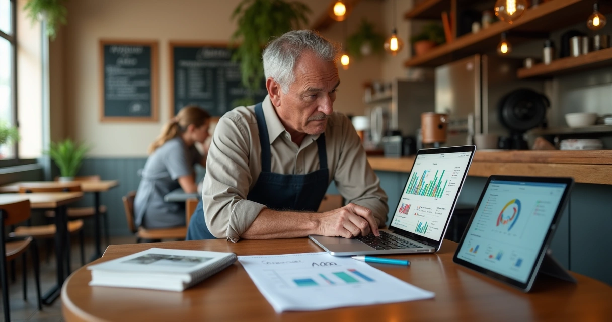 Dono de restaurante analisando estratégias de digitalização com computador e planilhas simples 