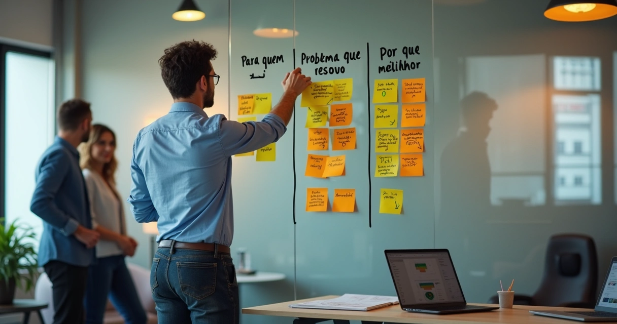 Empresário de PME ajustando frase de proposta de valor em quadro com opções marcadas e riscadas 