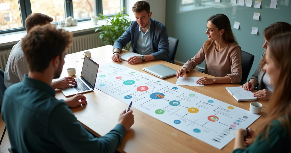 Equipe de PME organizando mapa visual de objetivos e resultados em mesa ampla 
