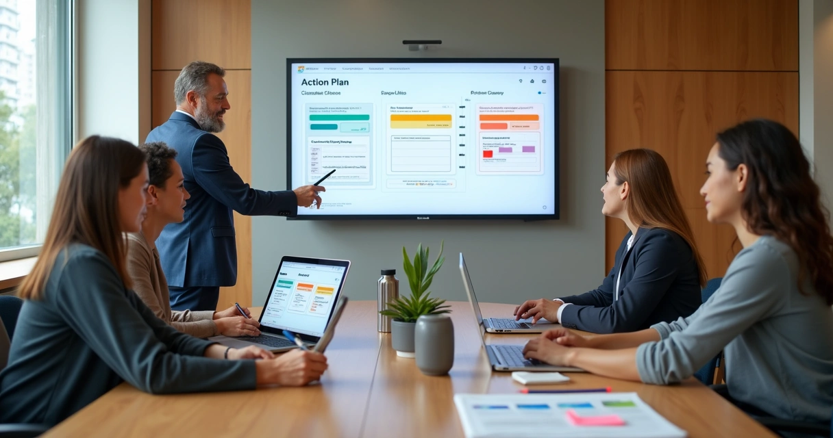 Painel digital com plano de ação baseado em pesquisa de clima destacado em sala de reunião moderna 