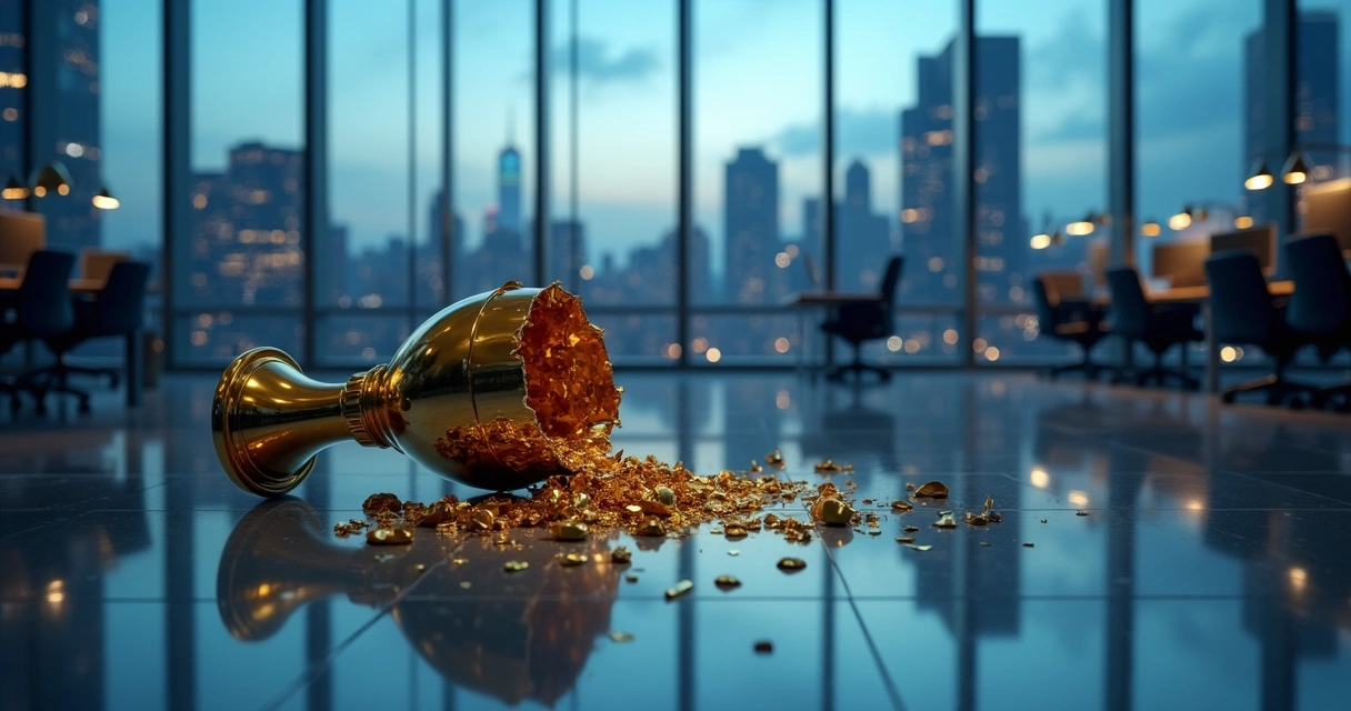 Shattered golden trophy on glass floor in sleek empty office 