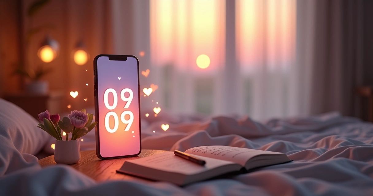 Relógio digital mostrando 09:09 com corações e energia luminosa ao redor 