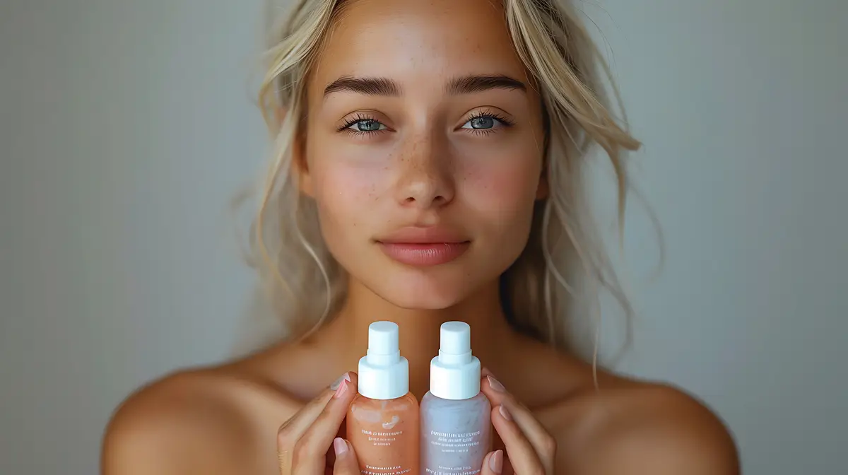 a woman holding bottles of shampoo and a bottle of cream
