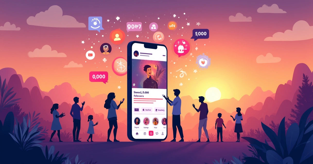 Ilustração de um smartphone com 10 mil seguidores no Instagram rodeado de engajamento e oportunidades de parceria.