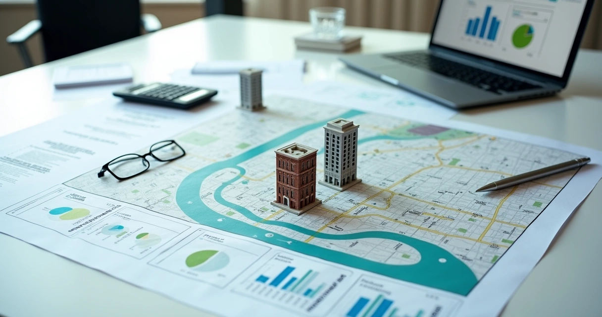 Concept collage of NYC multi-unit buildings blended with 1031 exchange documents and arrows showing asset rollover 