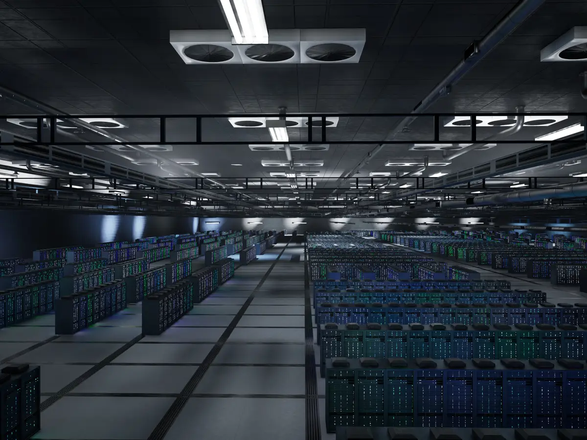 Server racks storing AI datasets for simulation training and predictive tasks
