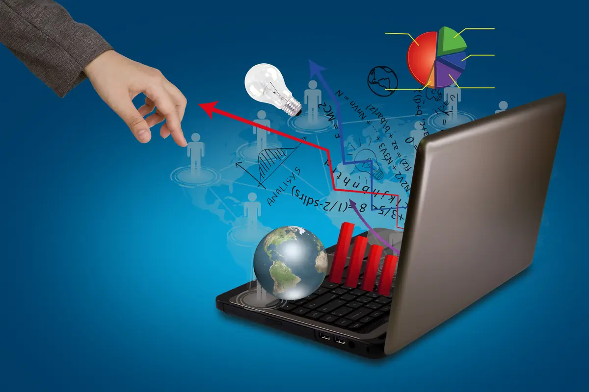 Hand near a laptop that expels graphics and arrows