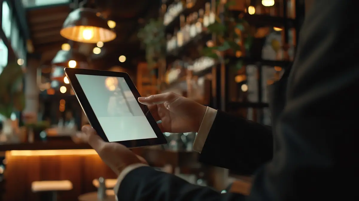 Man holding a tablet with tipping screen inside a restaurant Generative AI