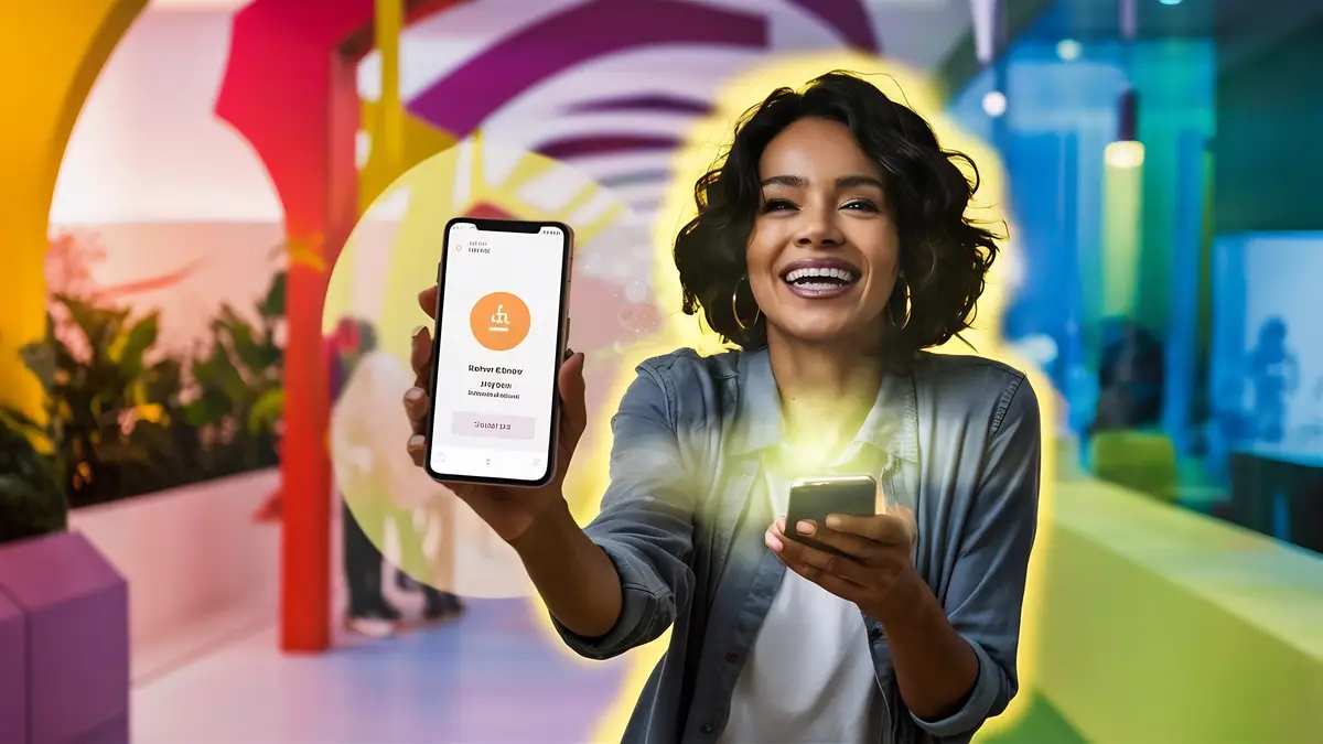 Happy satisfied female customer holding cellphone