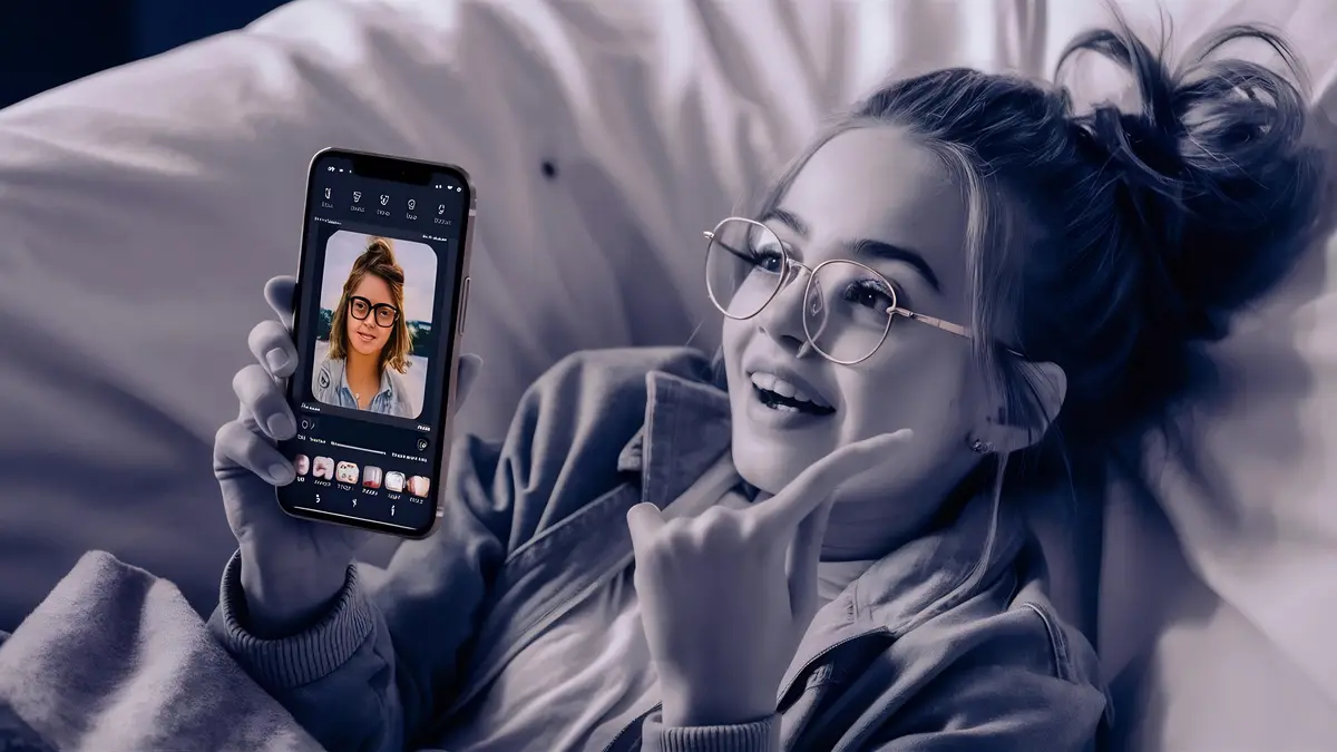 Indoor shot of surprised millenial girl shows you smartphone display promots nice photo edit appli