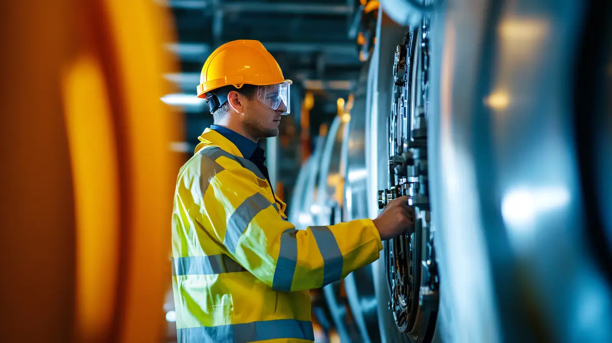Operador experiente de usina usando equipamento de segurança inspeciona maquinário em sala de turbinas