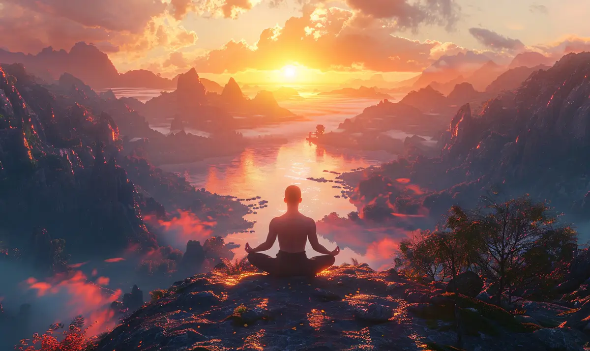 View of man practicing mindfulness and yoga in a fantasy setting