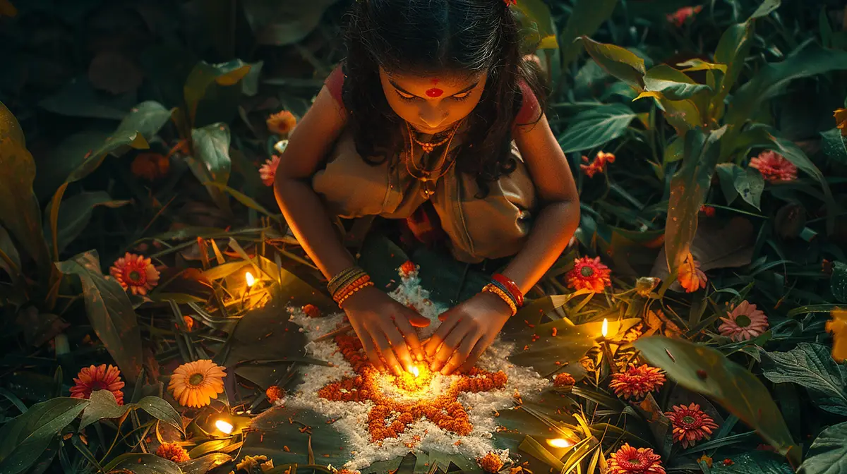 Girl Making a Rangoli with Flowers on Grass in a Joyful Scene