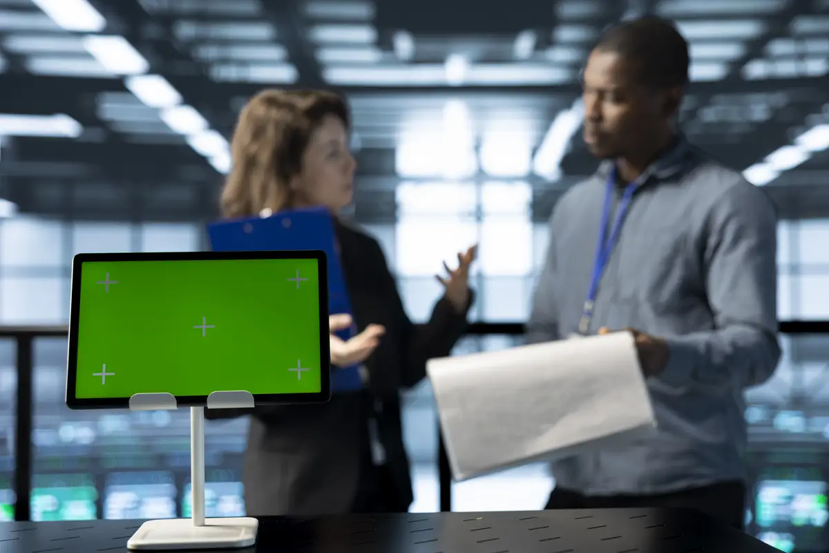 Mockup tablet in front of data center inspector reviewing paperwork files