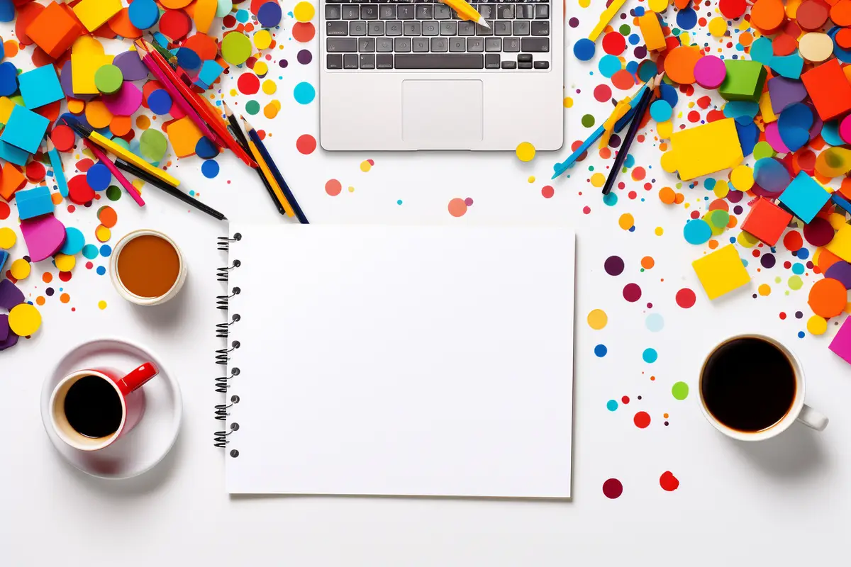 Workspace laptop computer and office supply on white table top view