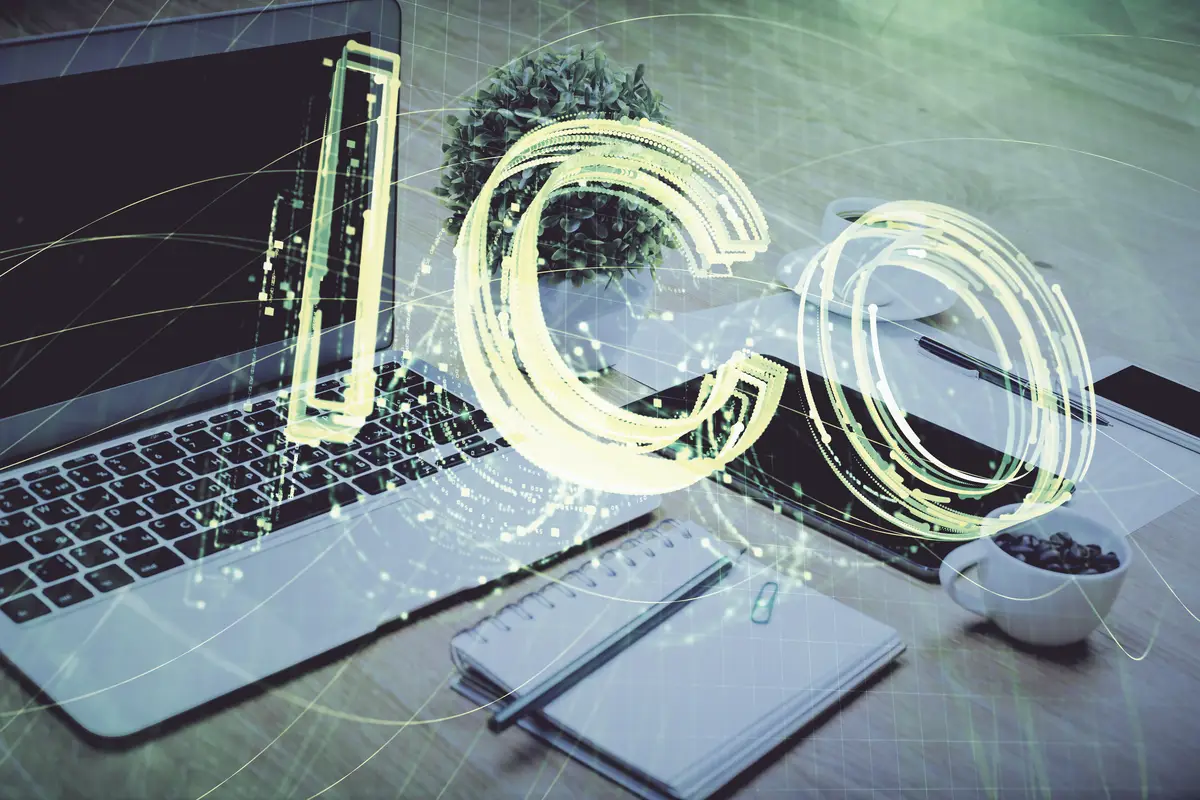 Double exposure of blockchain and crypto economy theme hologram and table with computer background Concept of bitcoin cryptocurrency