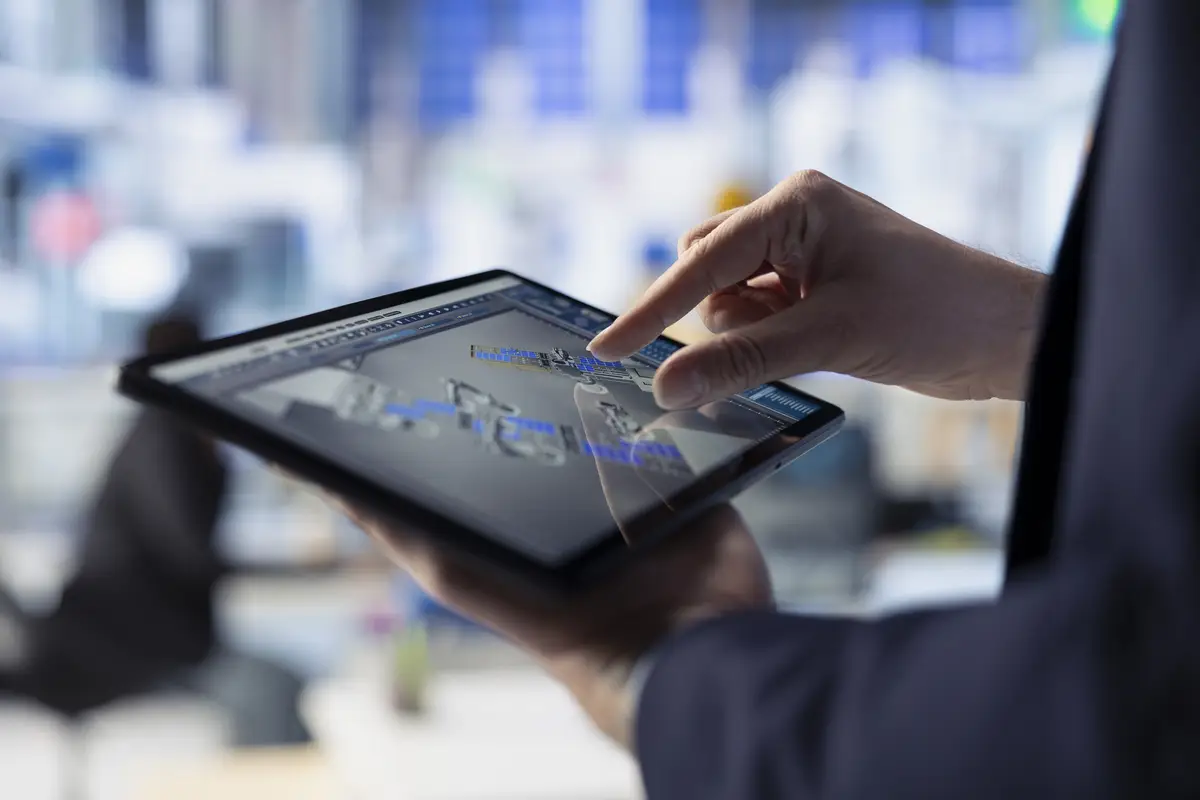 Solar panels plant employee analyzing performance data on tablet close up