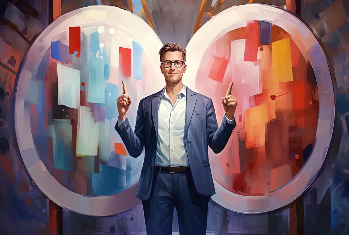 man holding signs with yes and no in the style of chic illustrations