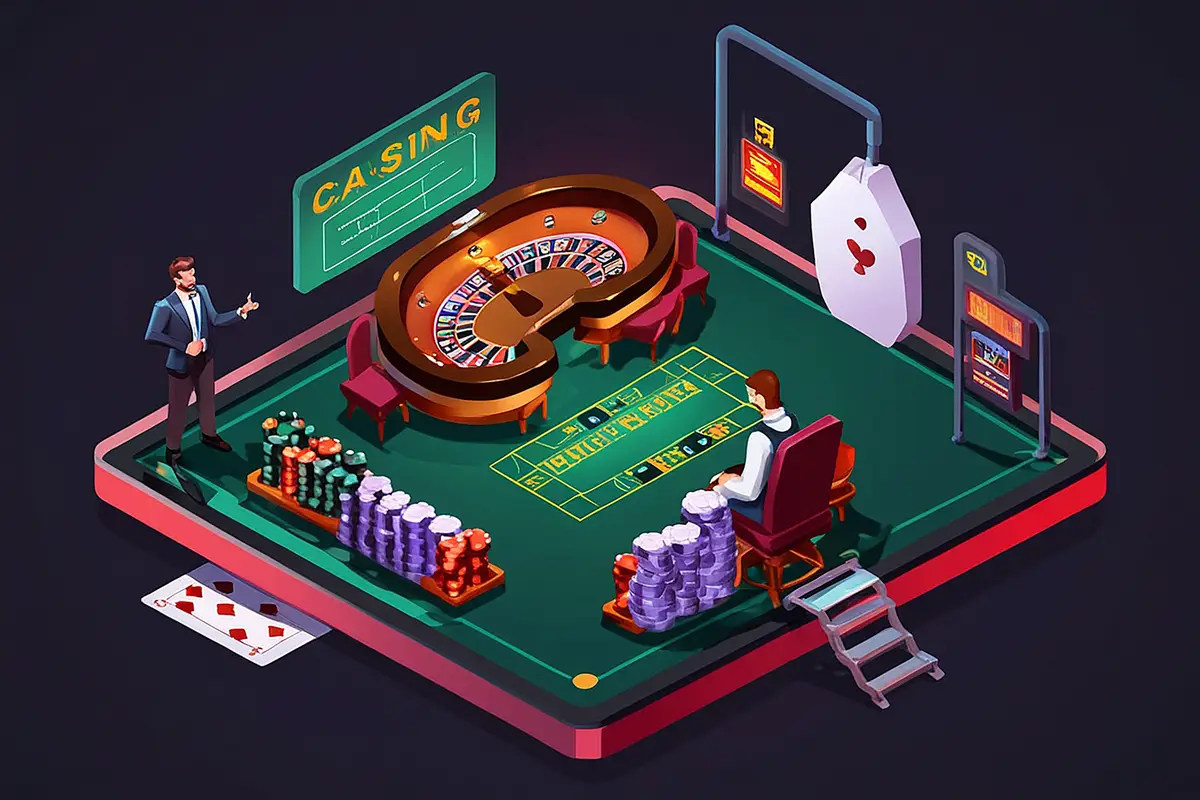 Isometric Online Casino Concept Gambling Platform for Live Roulette and Poker with Cards Chips Laptop Characters of Croupier 3D Vector Illustration