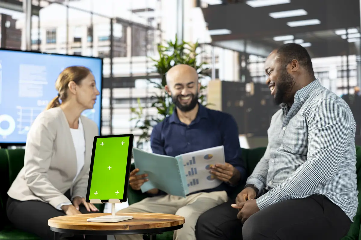 Green screen device next to smiling colleagues doing brainstorming