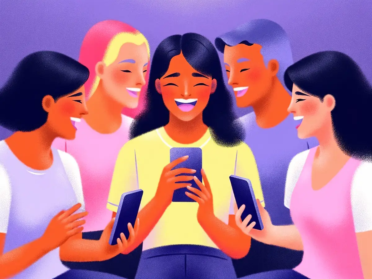 Friends sharing content on their phones