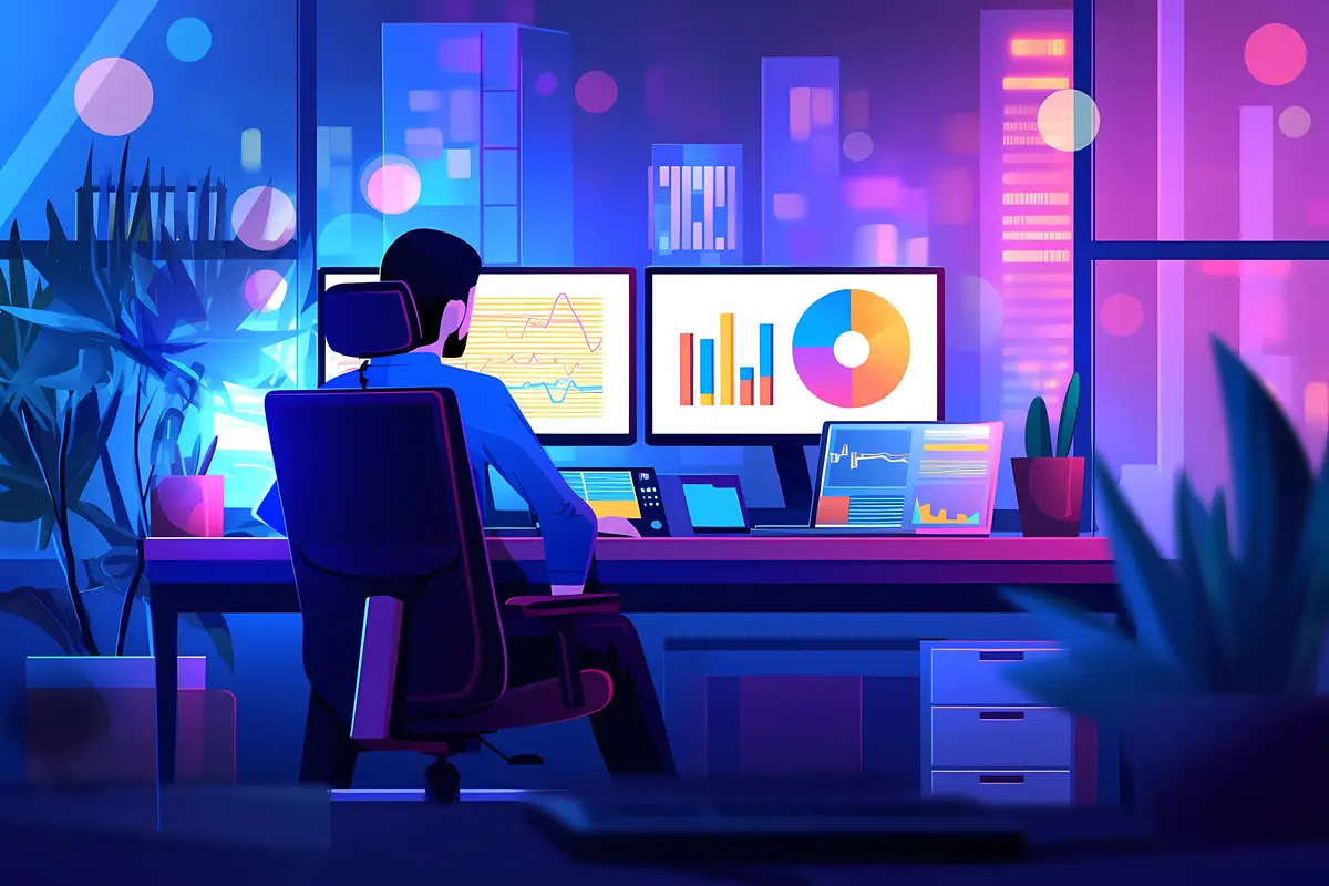 worker sitting in office computer flat vector illustration worker scene for online platform products