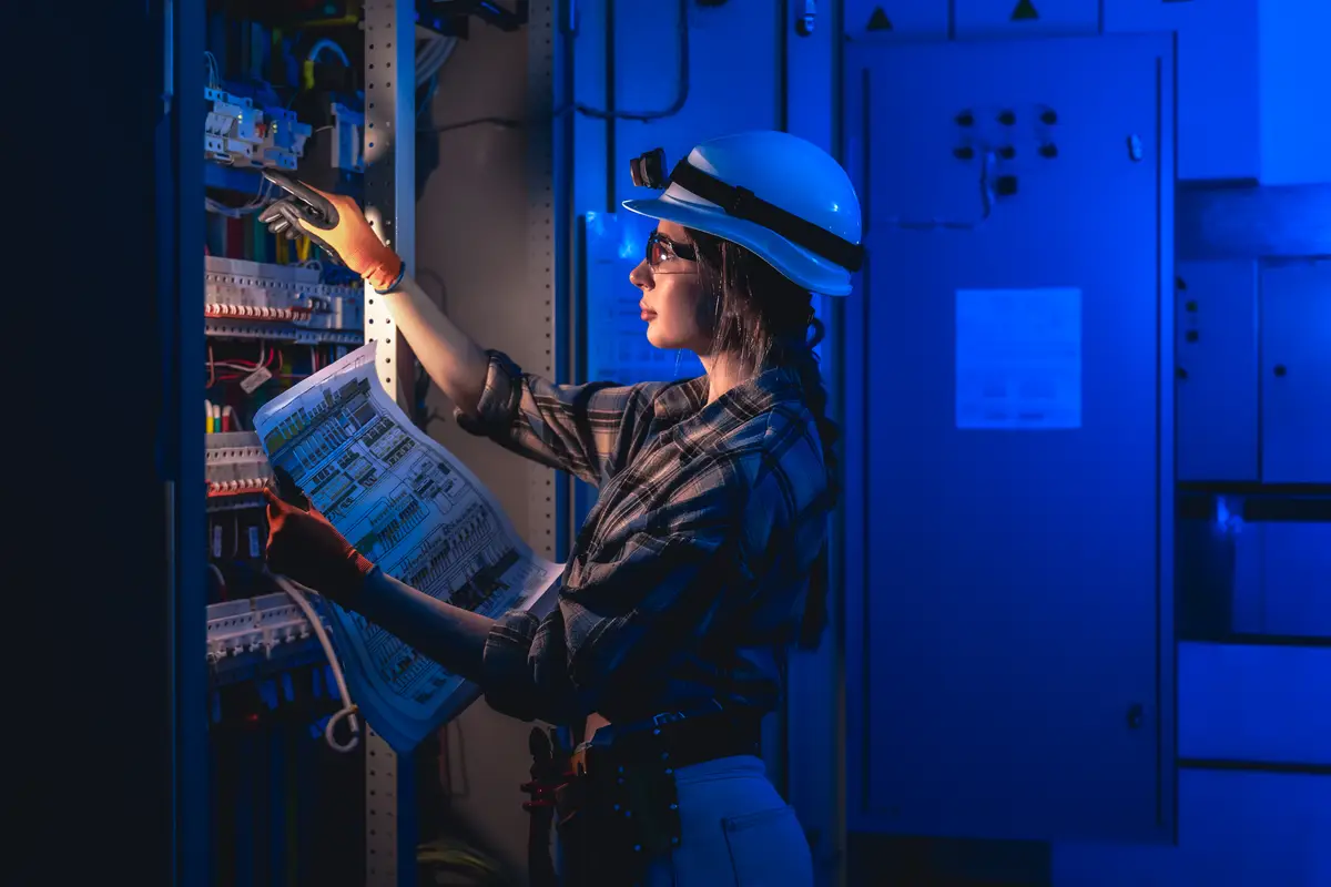 Woman electrician checks blueprint and panel on night shift smart engineering