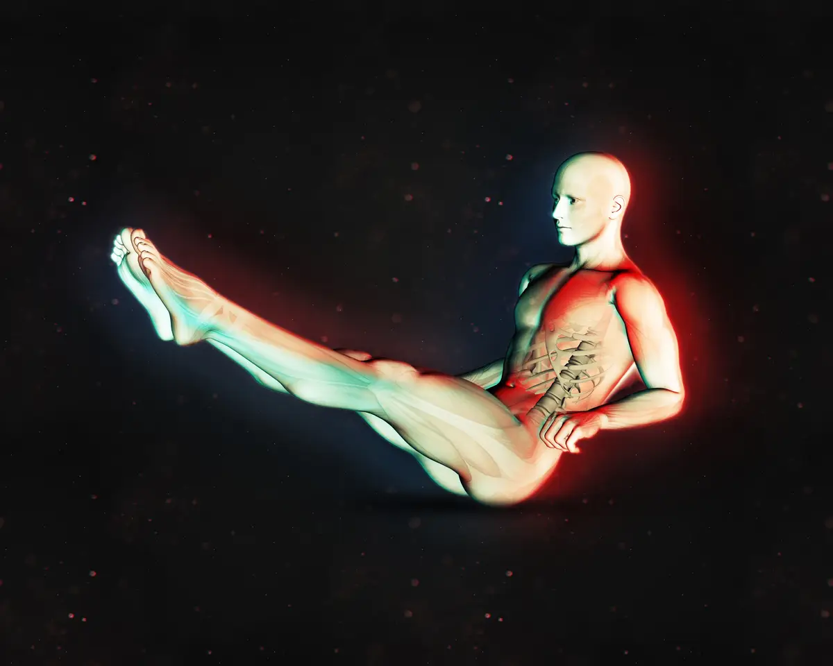 3d render of a male figure in sit up position with legs extended