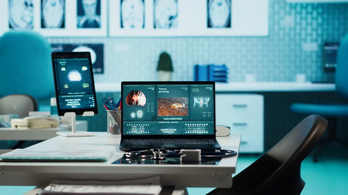 Empty medical cabinet in private clinic with a laptop and diagnostics