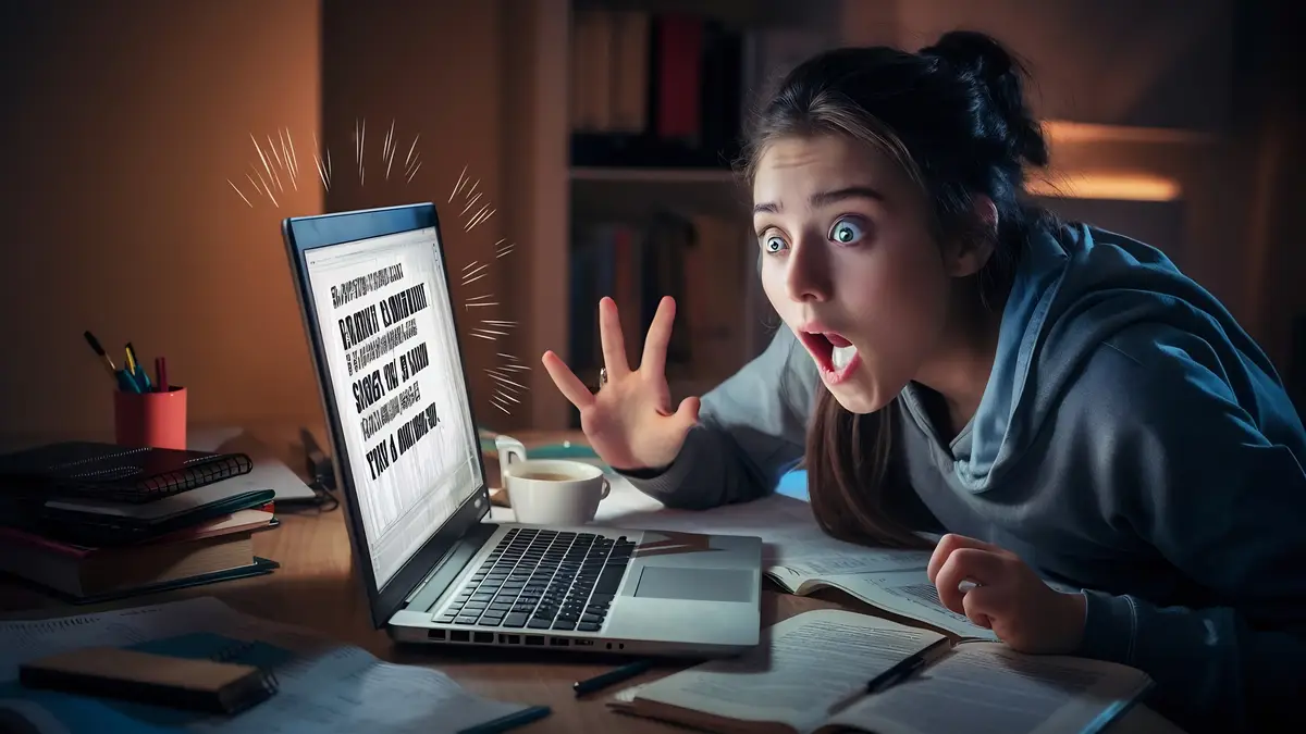 Shocked young woman student using laptop computer