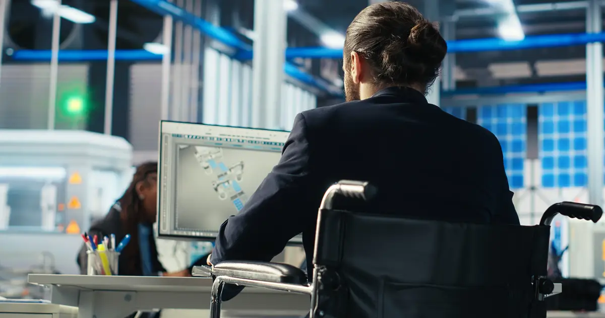 Person with disability inspecting solar plant machinery on computer screen