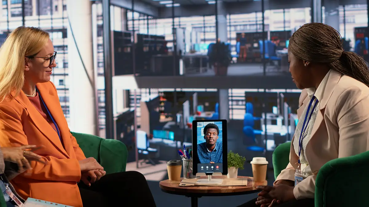 Goals oriented women hold online business meeting via video call