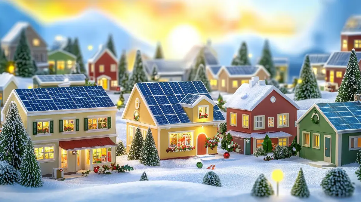 Solar panelpowered Christmas village festive and green energy theme 3D illustration