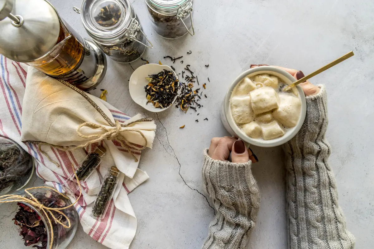 Top view cup with tea