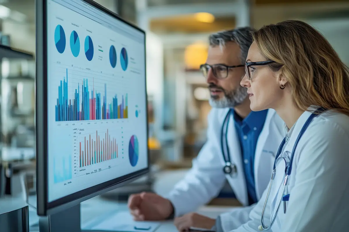 Healthcare professionals analyzing data on computer screen in modern office setting