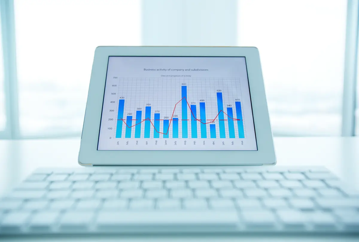 Close-up of laptop with annual evolution