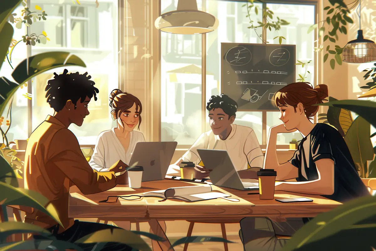 A diverse group of young entrepreneurs brainstorms ideas at a cafe table overflowing with laptops notebooks and coffee amid a lively atmosphere Generative AI