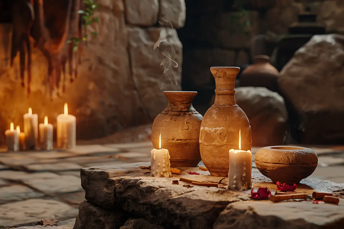 View of ancient pottery vessels and earthenware