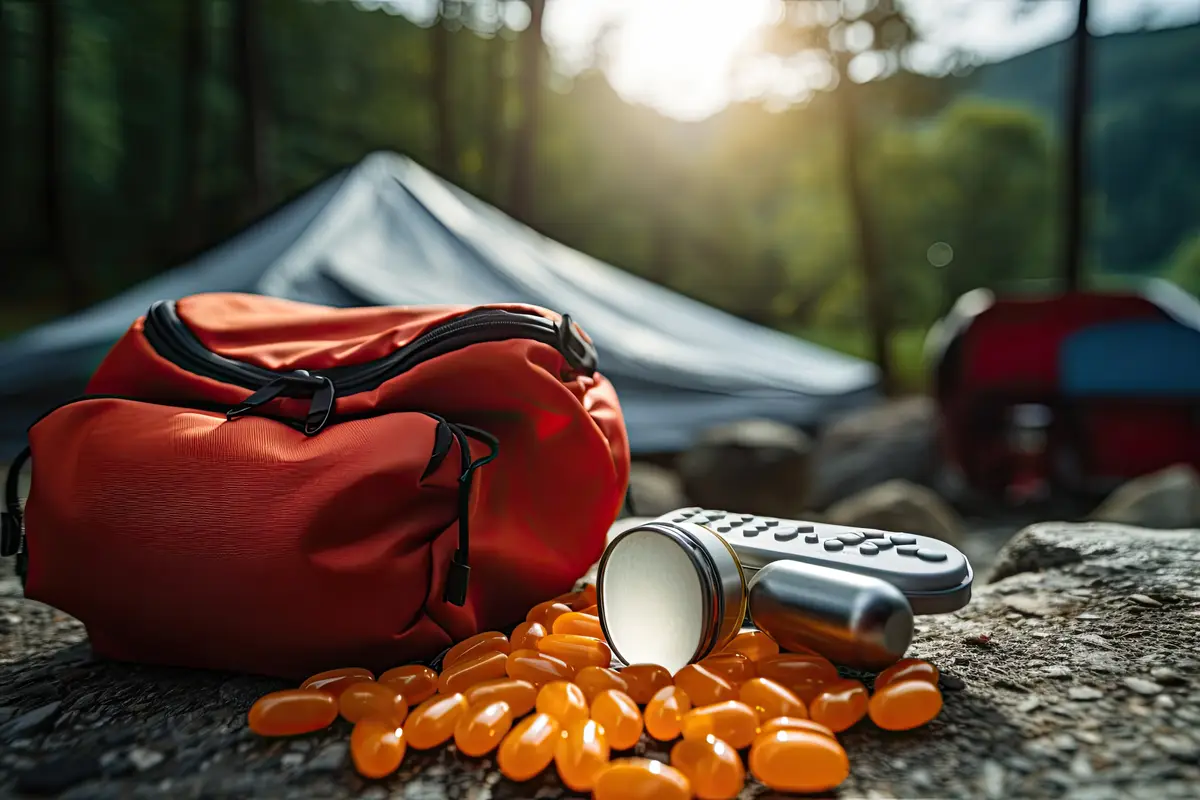 Camping in Safety Pills and Capsules in a Pillbox for First Aid and Protection against Mountain Sic
