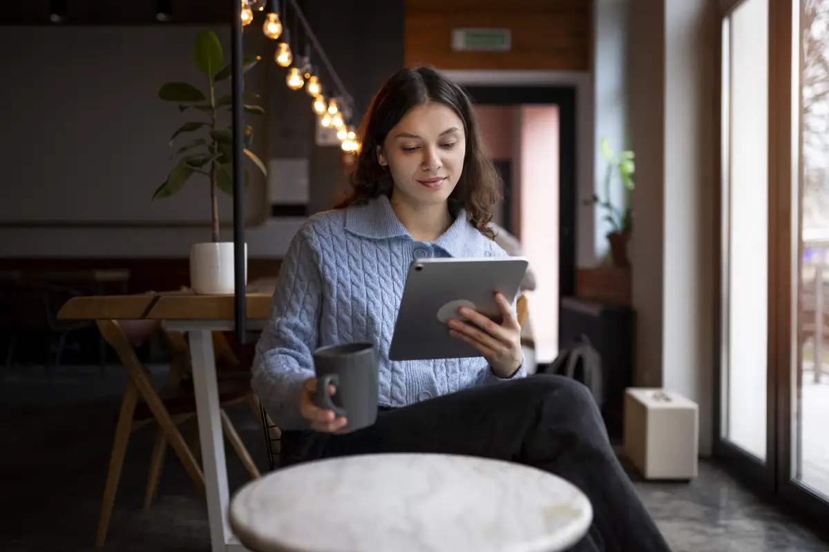 Person in a cafe reading a book while having coffee