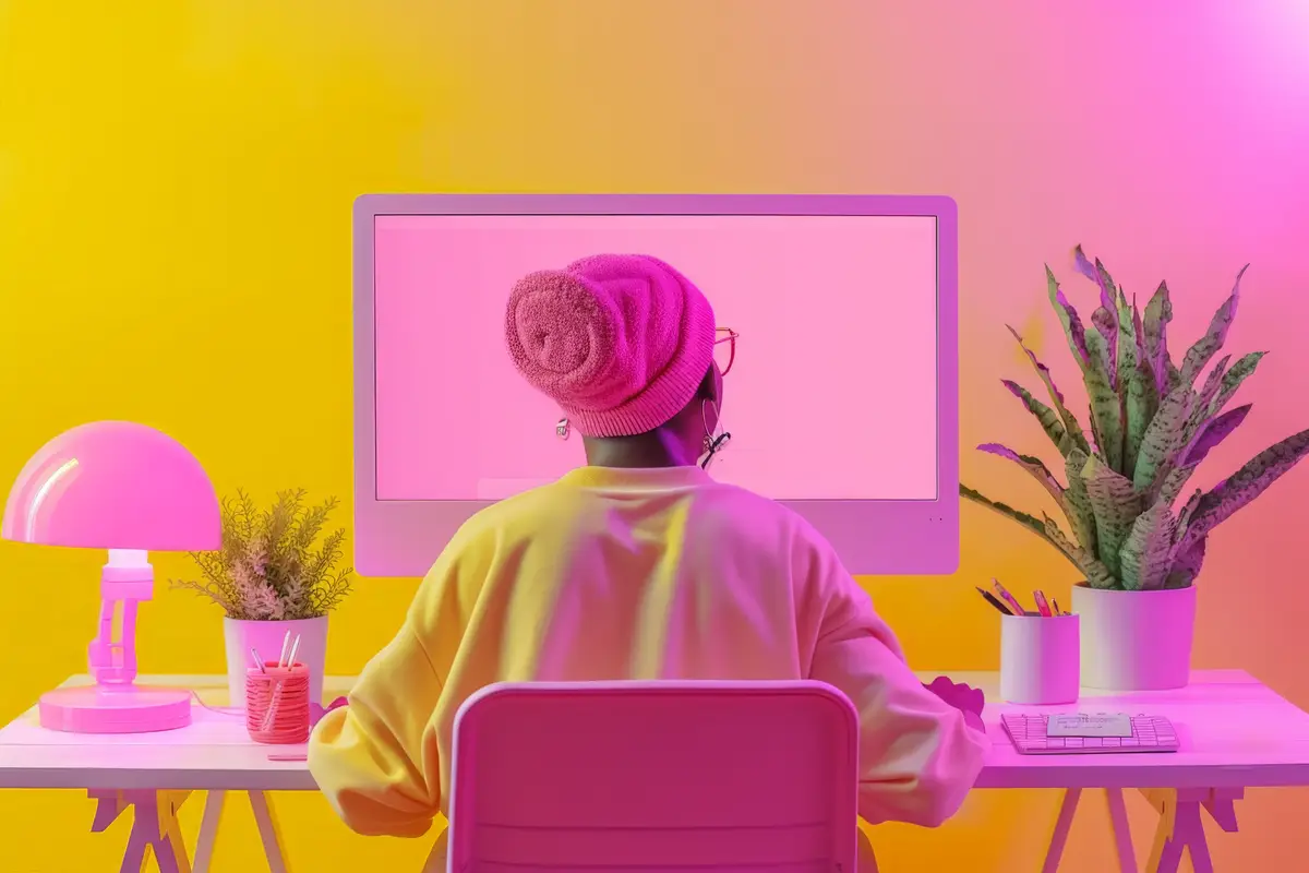 Woman in turban working at computer desk focused on screen with serious expression on face