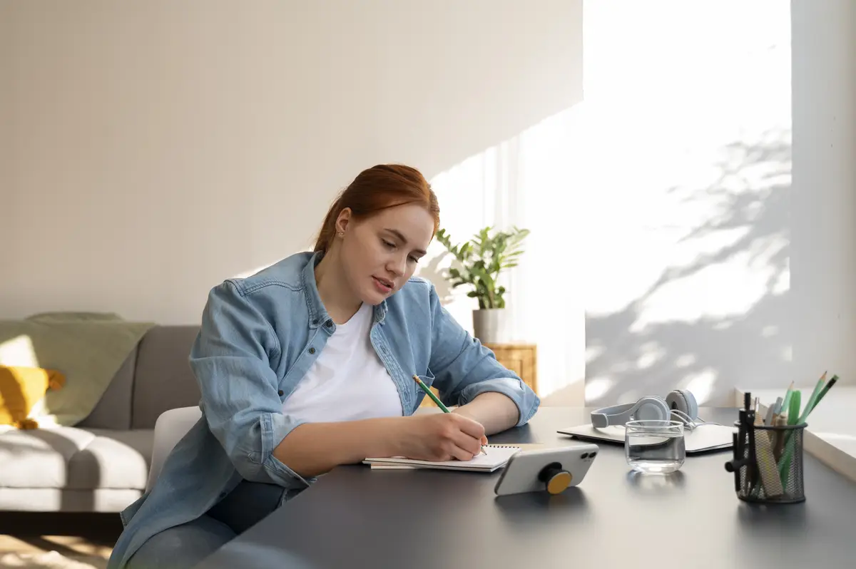 Portrait of woman using smartphone at home with pop socket