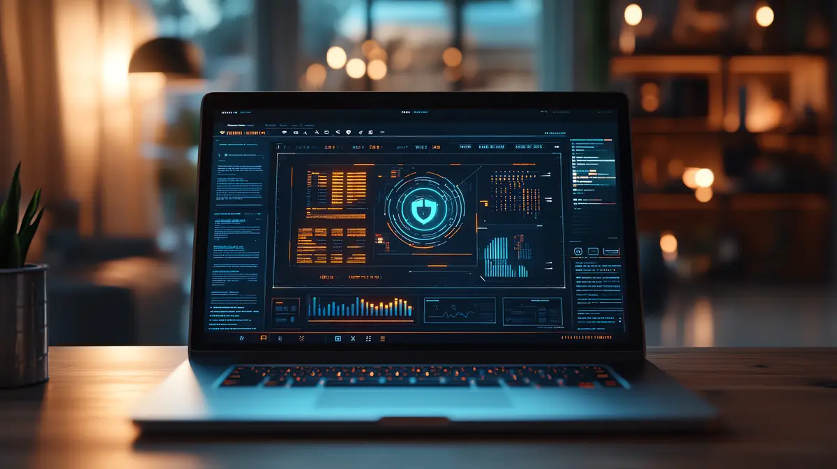 Laptop screen showing a cybersecurity interface symbolizing online protection focus on data security techsavvy theme realistic manipulation home office backdrop