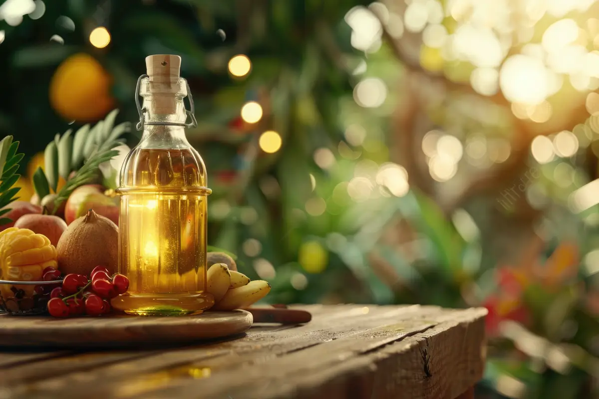 Palm oil in glass bottle and fruits on wooden table space for text Bokeh effect