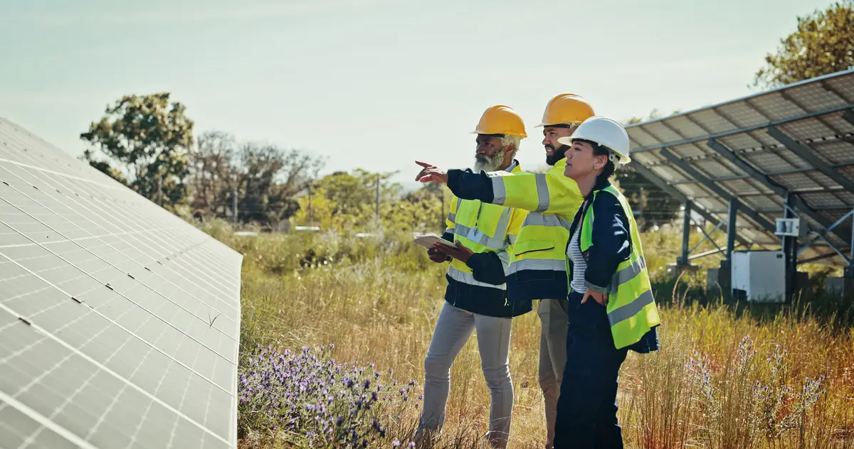 Technician team and pointing with solar panel for photovoltaic PV installation or renewable energy Business people engineer or contractors on tablet or technology for eco friendly power in nature