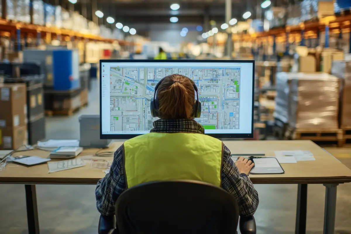 Worker in a warehouse using a computer for logistics and inventory management