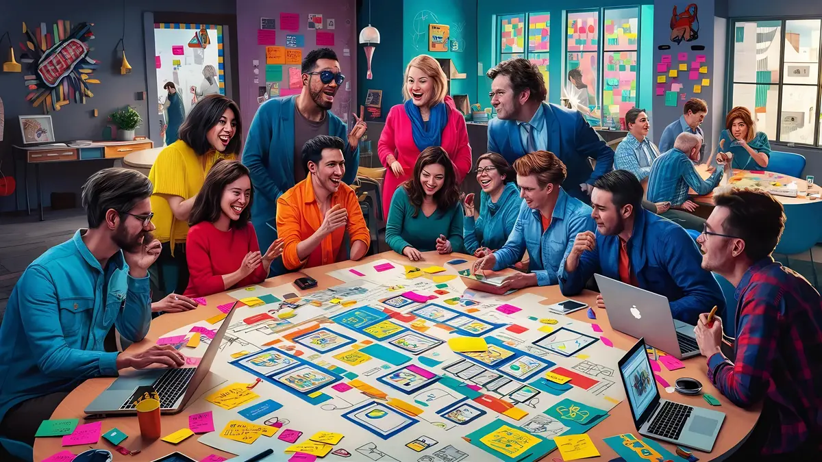 Creative agency coworkers discussing new project