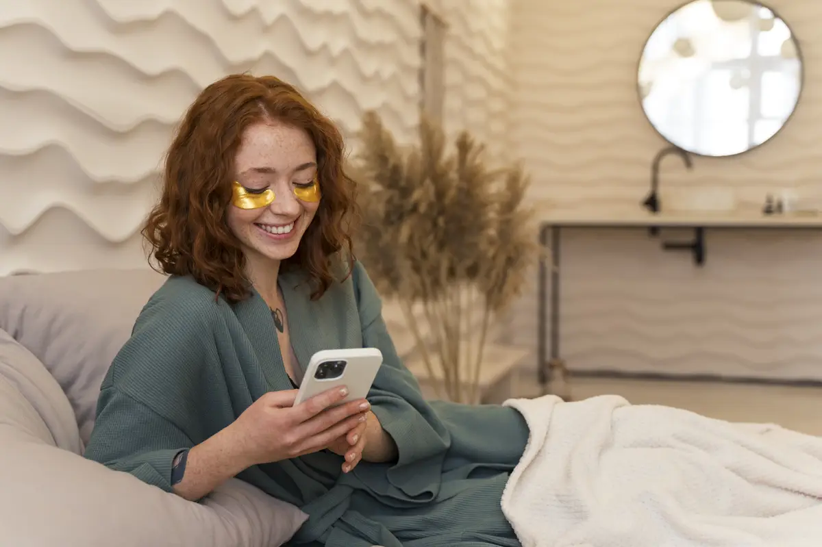 Woman enjoying her beauty routine with golden eye patches