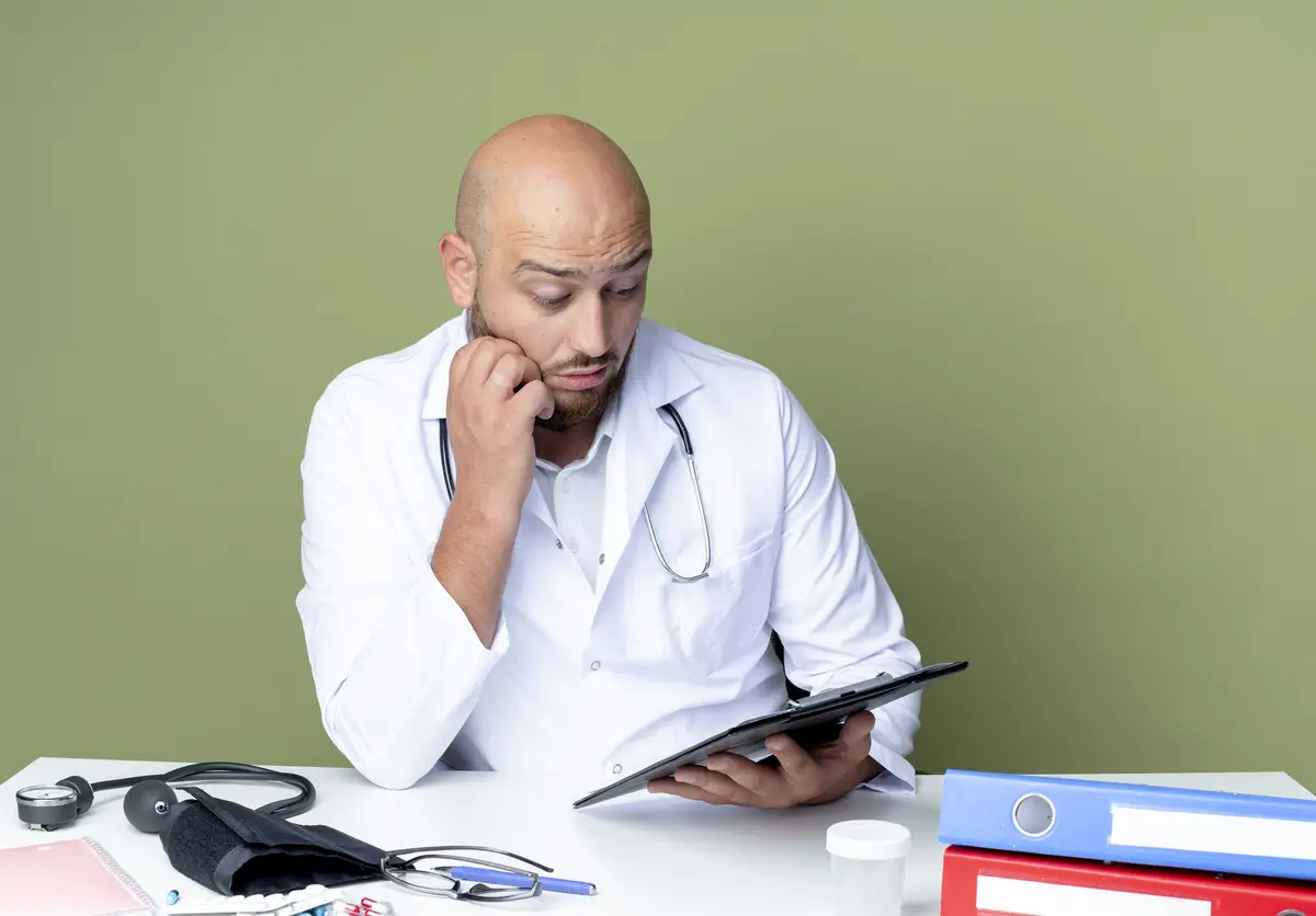 Surprised young bald male doctor wearing medical robe and stethoscope sitting at desk work