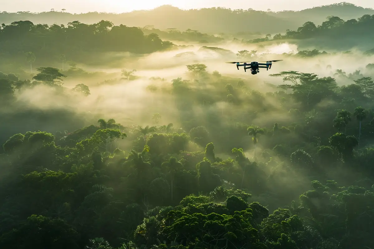 Drone flying in the sky over nature during observation